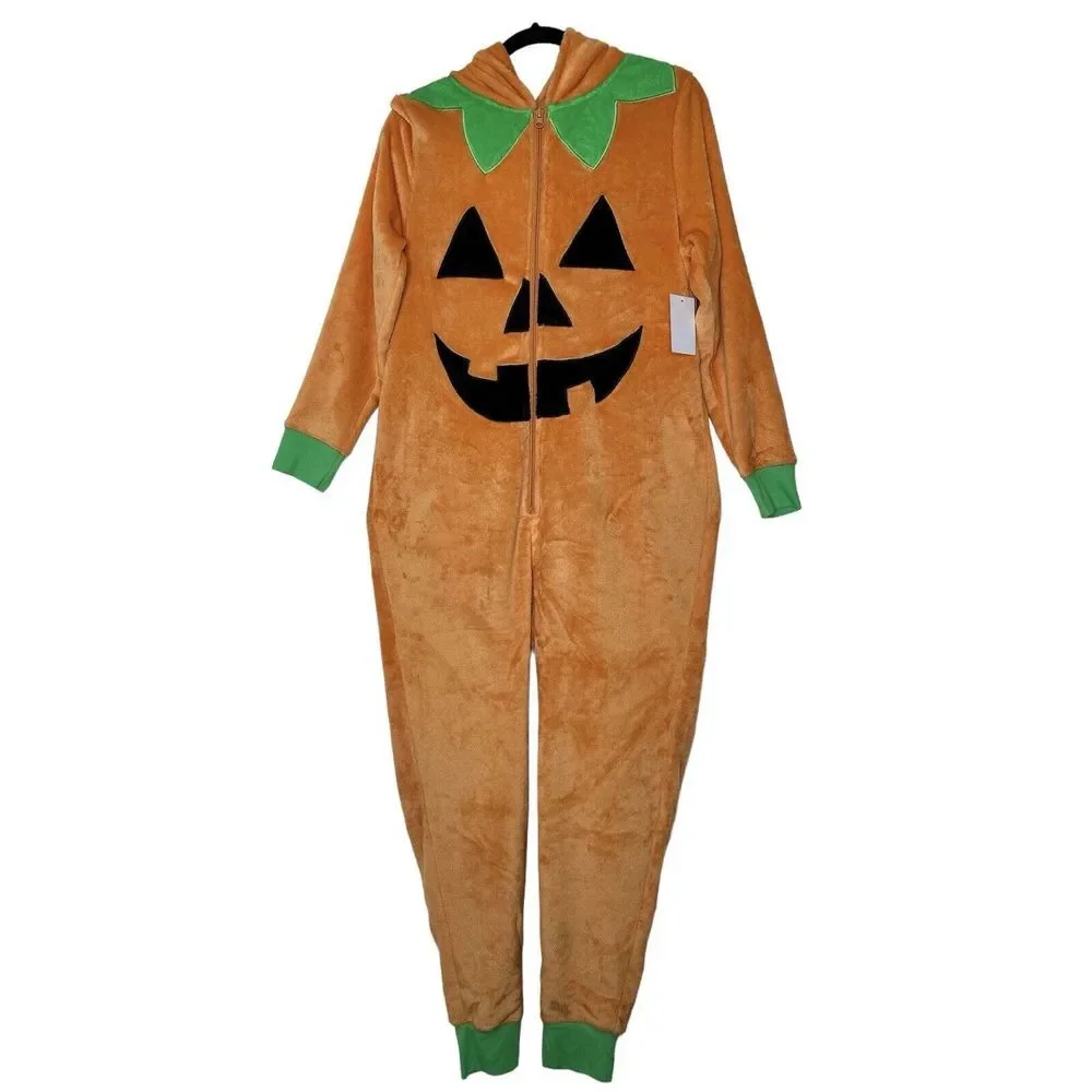 Halloween Pajamas M Pumpkin Adult Bodysuit Soft Orange TRICK OR TREAT NWT